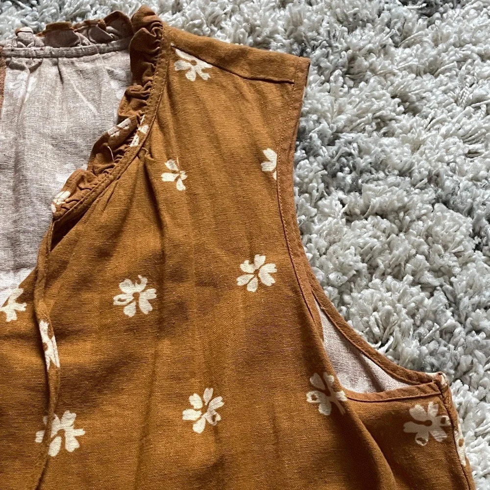 Floral Linen Blend Sleeveless Ruffle Mini Dress Tobacco Brown‎ Women Small